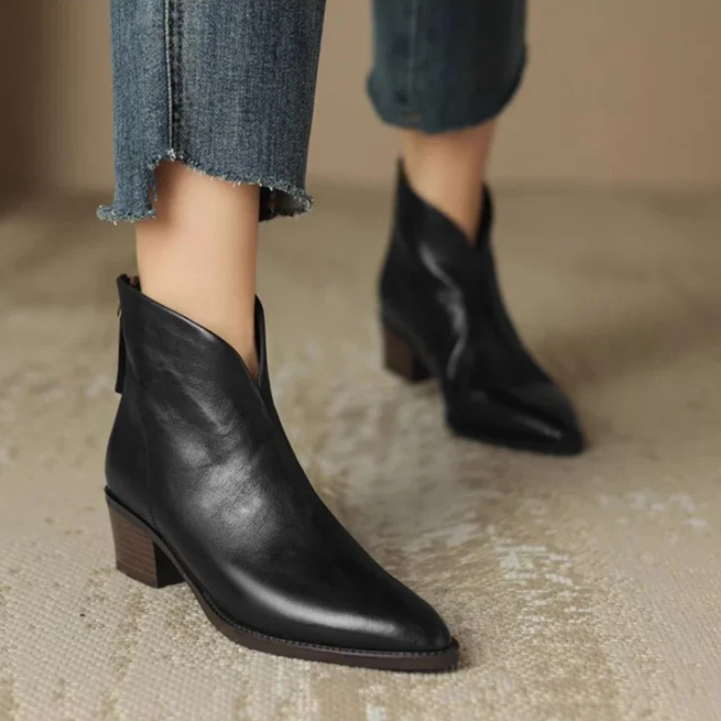 Irdene | Bottines Femme à Talon Bloc et Bout Pointu avec Fermeture Éclair Arrière - Cuir Synthétique Haut de Gamme