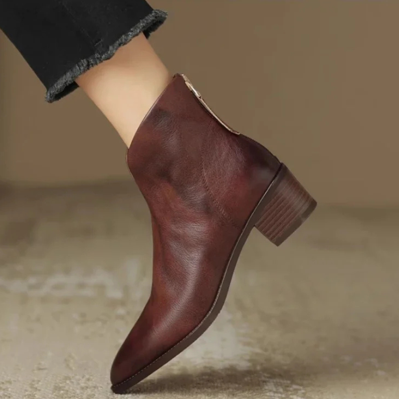 Irdene | Bottines Femme à Talon Bloc et Bout Pointu avec Fermeture Éclair Arrière - Cuir Synthétique Haut de Gamme