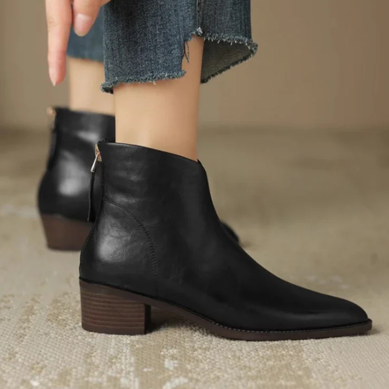 Irdene | Bottines Femme à Talon Bloc et Bout Pointu avec Fermeture Éclair Arrière - Cuir Synthétique Haut de Gamme