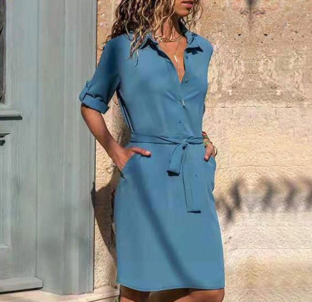 Hébé | Robe Chemise Élégante à Col Revers, Manches Longues & Ceinture Taille Ajustable