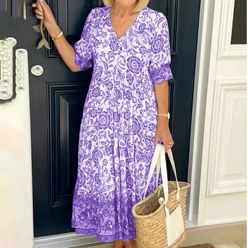 Millie | Robe Longue à Imprimé Floral et Col en V pour un Style Estival