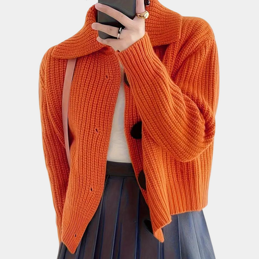 Féricelle | Cardigan Cropped à Col Revers en Laine avec Gros Boutons et Couleur Orange pour Femme