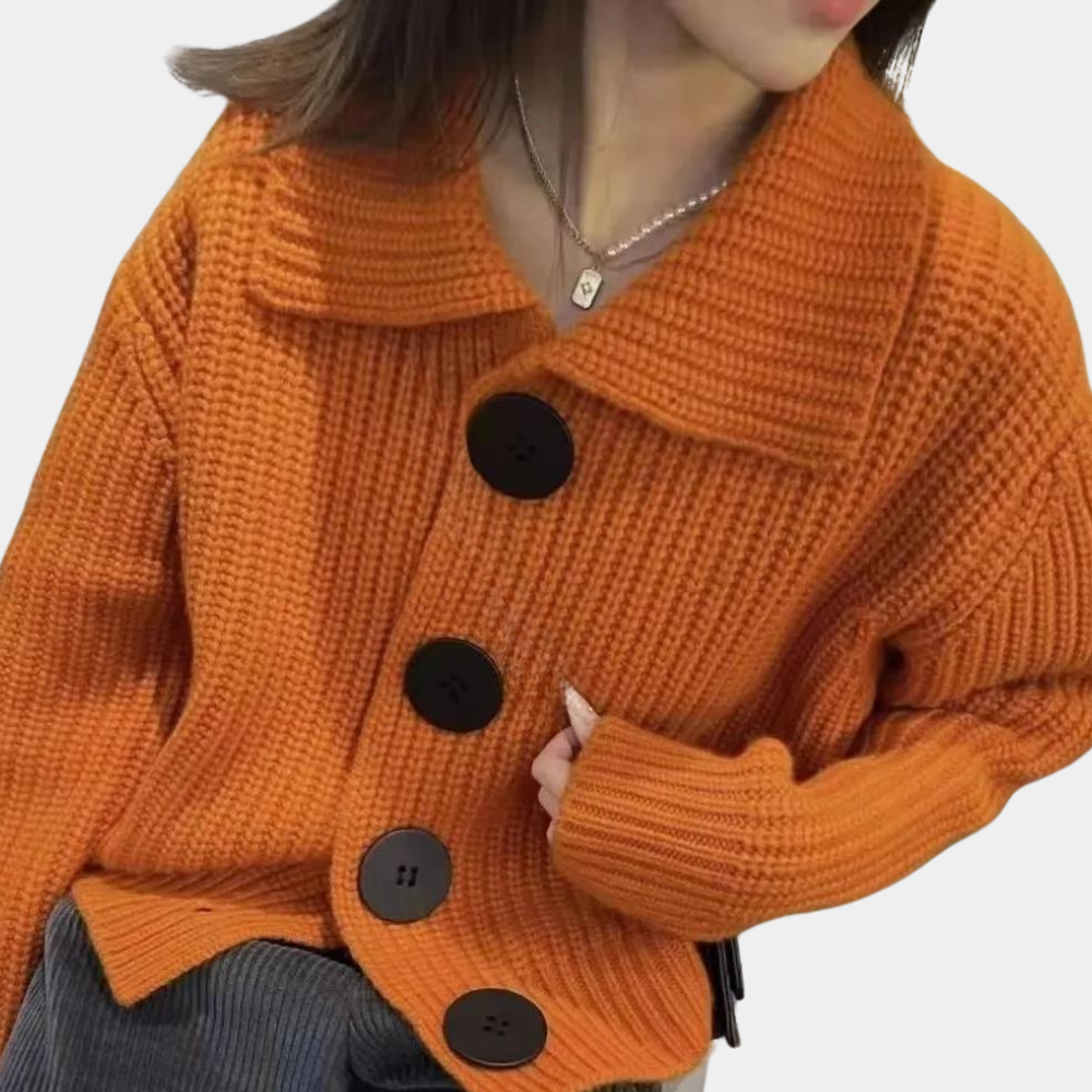 Féricelle | Cardigan Cropped à Col Revers en Laine avec Gros Boutons et Couleur Orange pour Femme