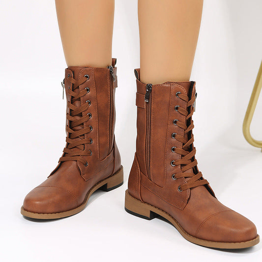 Wendal | Bottes robustes à lacets et zip latéral pour femme – Talon bas et milieu de mollet