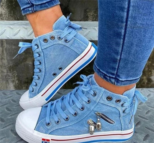 Vantelo | Chaussures en Denim pour Femme – Lacées avec Détail Zippé Crâne pour un Style Tendance