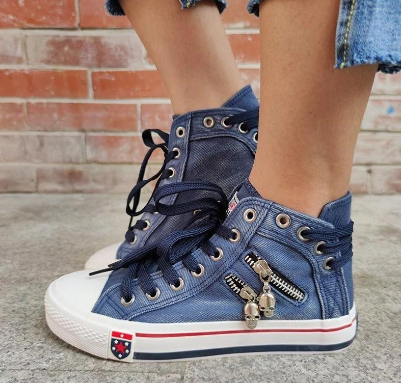 Vantelo | Chaussures en Denim pour Femme – Lacées avec Détail Zippé Crâne pour un Style Tendance