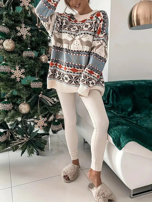 Kélyssa | Pull de Noël Oversized Tricoté à Col Rond, Confort et Style Festif