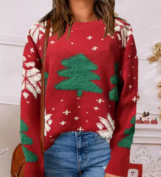 Mélindra | Pull de Noël Tricoté Rouge à Col Rond avec Détails Sapin de Noël