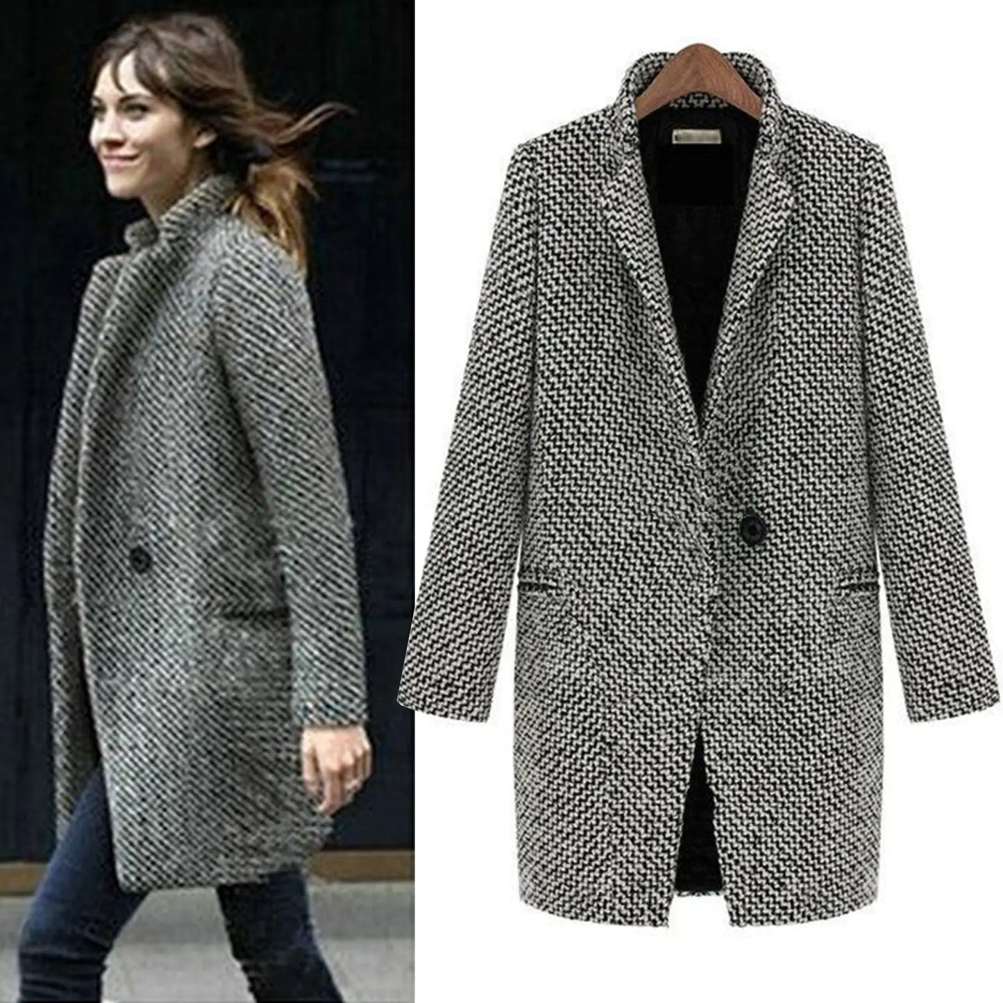 Pierrette | Manteau Long en Laine, Col à Revers, Boutonnage Simple et Épaississant