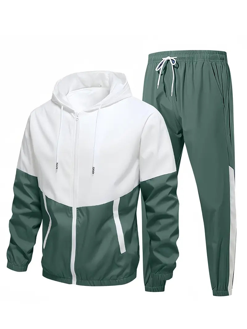 Cédric | Men's Two-Tone Athletic Windproof Sportswear Set, Zip-Up Jacket with Drawstring Hood & Drawstring Waist Pants