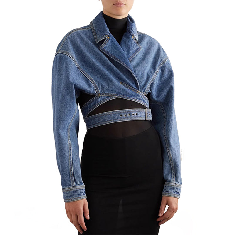 Eloise | Veste en Jean Asymétrique Courte avec Ceinture Ajustable