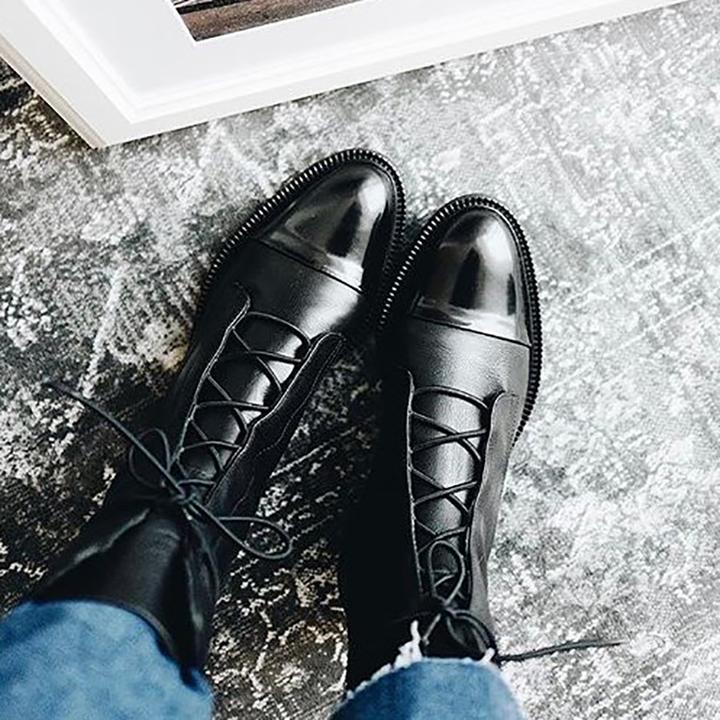 Antoinnette | Bottines en Cuir Premium à Lacets, Bout Pointu, Talon Bas et Bloc