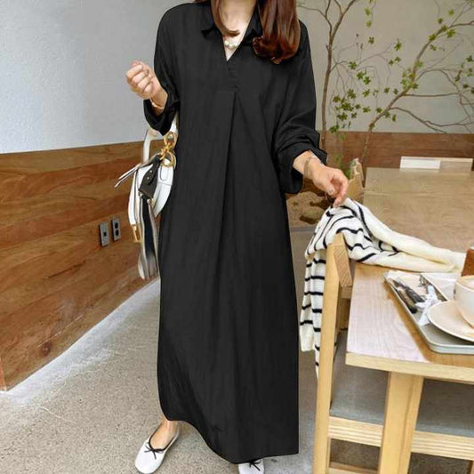 Puck | Robe Midi Vintage Noire en Coton avec Encolure en V – Élégance Intemporelle et Confort