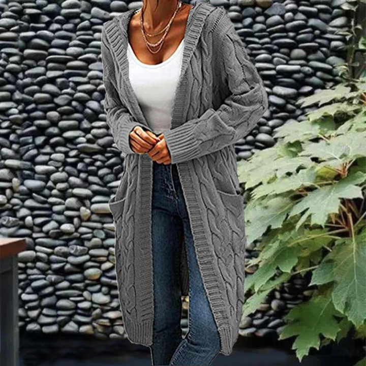 Brenda | Cardigan Long en Grosse Maille avec Motif Torsadé