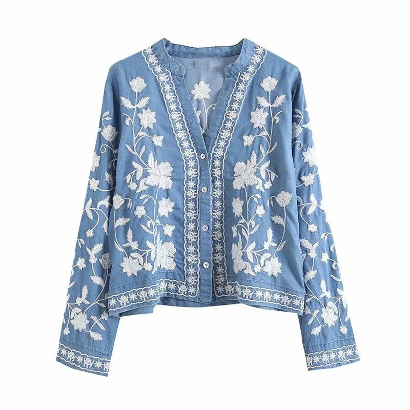 Livia | Cardigan léger en denim avec broderies florales – Élégance et confort