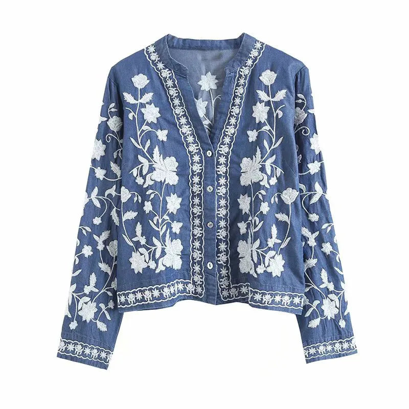 Livia | Cardigan léger en denim avec broderies florales – Élégance et confort