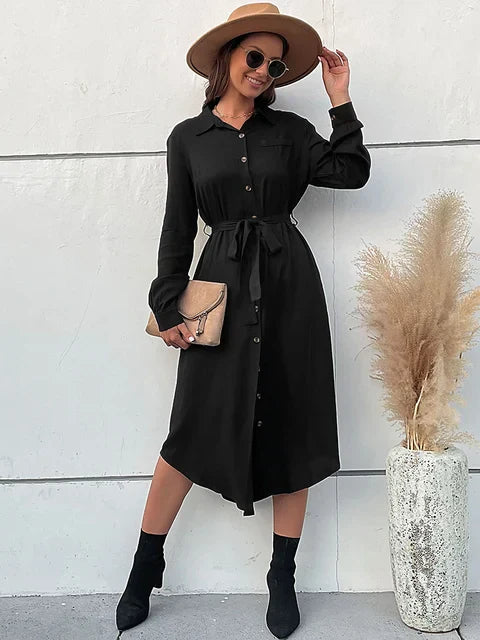 Émilia | Robe Midi Femme à Manches Longues, Col Revers, Boutonnée avec Ceinture à la Taille