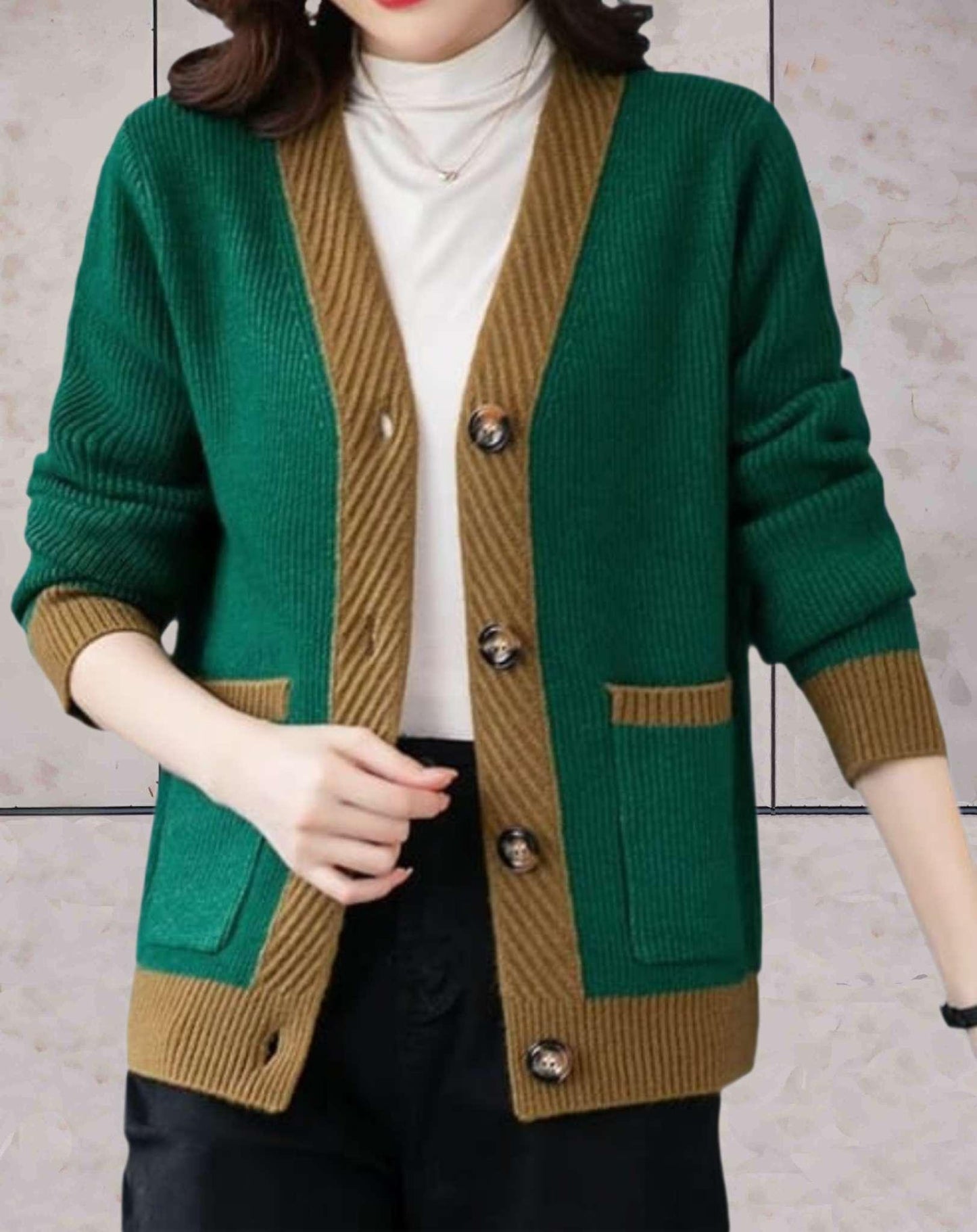 Josey | Cardigan Bicolore à Col en V Boutonné avec Poches Latérales