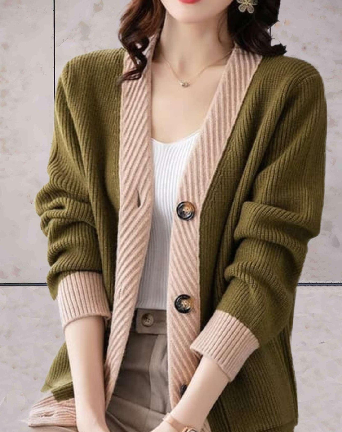 Josey | Cardigan Bicolore à Col en V Boutonné avec Poches Latérales