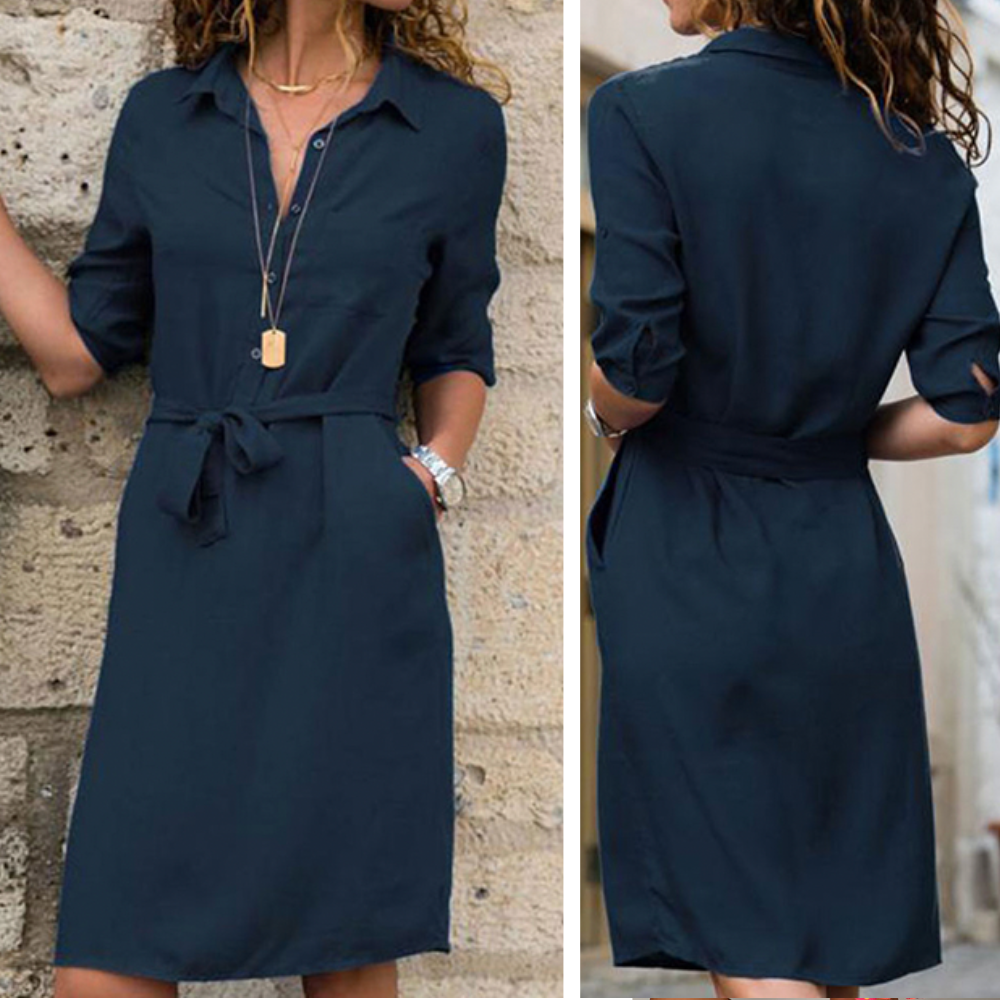 Hébé | Robe Chemise Élégante à Col Revers, Manches Longues & Ceinture Taille Ajustable