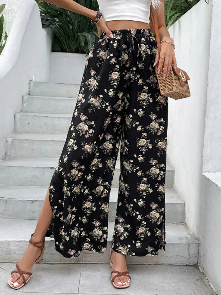 Bertille | Pantalon Fluide Imprimé Floral avec Fentes Latérales pour Femme