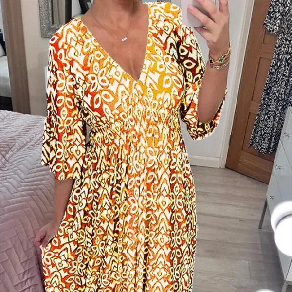 Inelin | Robe Bohémienne à Décolleté en V Profond et Imprimé Floral pour Femme