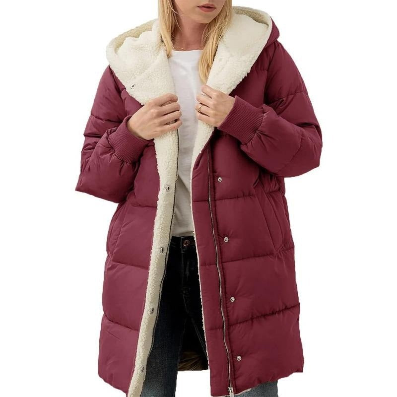 Euphrasie | Women's Solid Color Hooded Fleece Lined Padded Zip Up Winter Coat