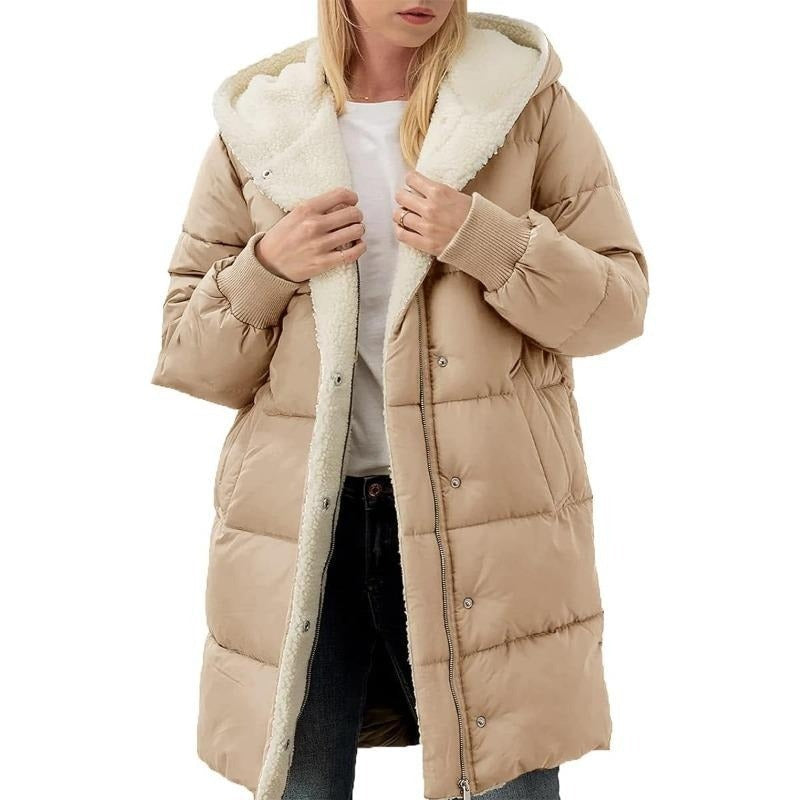 Euphrasie | Women's Solid Color Hooded Fleece Lined Padded Zip Up Winter Coat