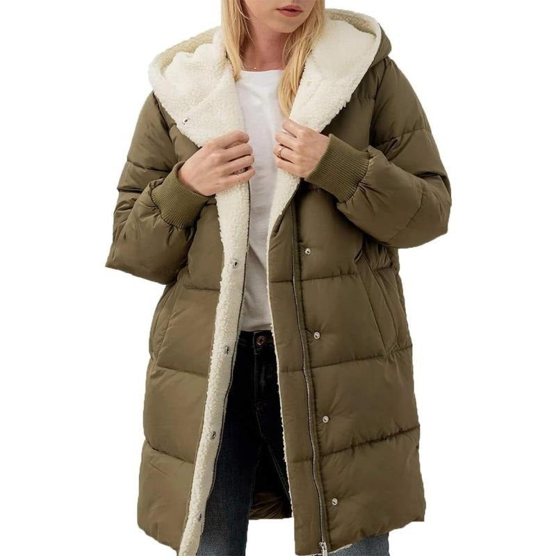 Euphrasie | Women's Solid Color Hooded Fleece Lined Padded Zip Up Winter Coat