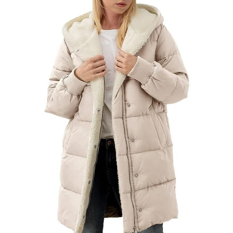 Euphrasie | Women's Solid Color Hooded Fleece Lined Padded Zip Up Winter Coat