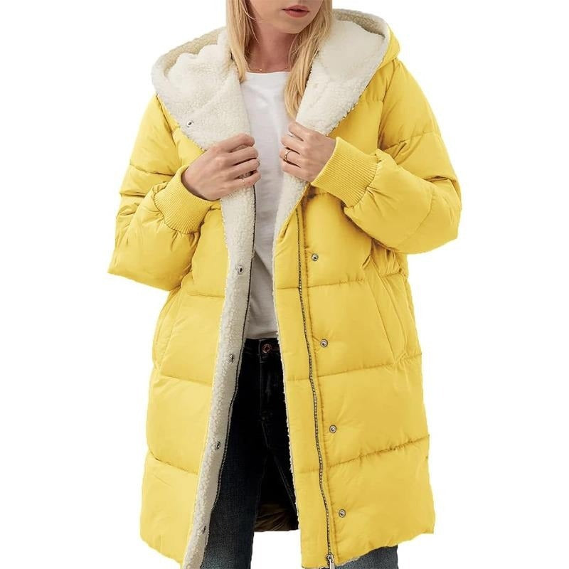 Euphrasie | Women's Solid Color Hooded Fleece Lined Padded Zip Up Winter Coat