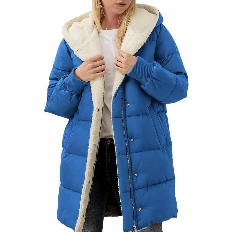 Euphrasie | Women's Solid Color Hooded Fleece Lined Padded Zip Up Winter Coat