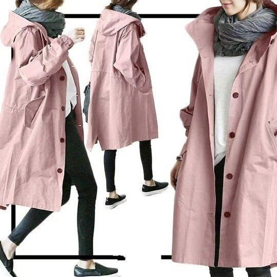 Nadina | Manteau Long Imperméable à Capuche et Boutons – Élégance Pratique pour Toutes les Saisons