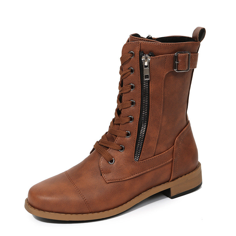 Wendal | Bottes robustes à lacets et zip latéral pour femme – Talon bas et milieu de mollet