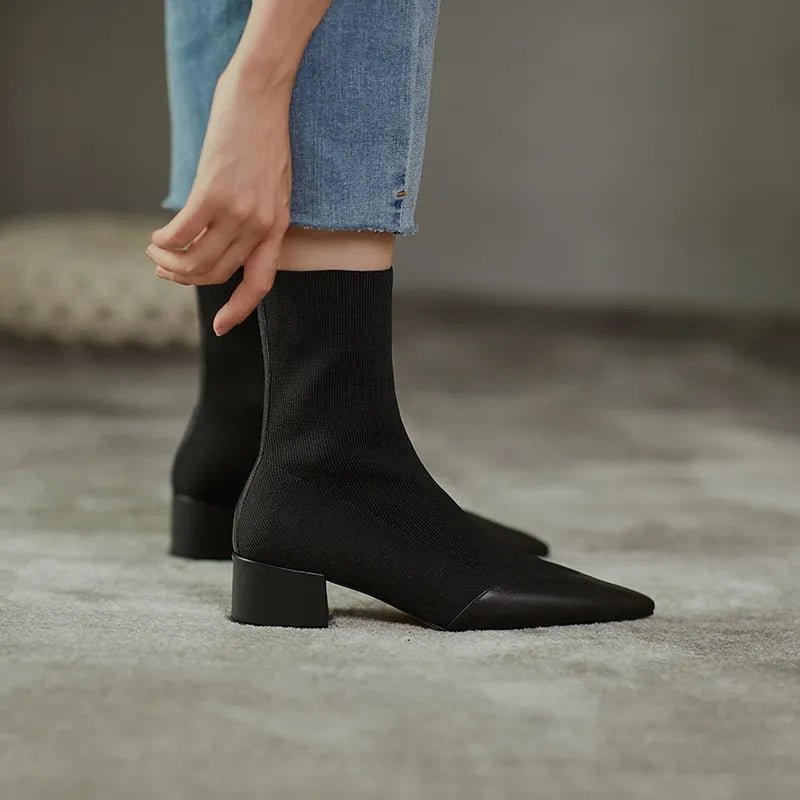 Aélia | Bottines Chaussettes Femme – Bout Pointu, Talon Bloc & Confort Élégant