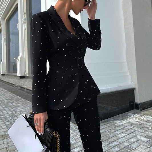 Nadège | Ensemble Blazer Imprimé à Pois et Pantalon Slim Coordonné