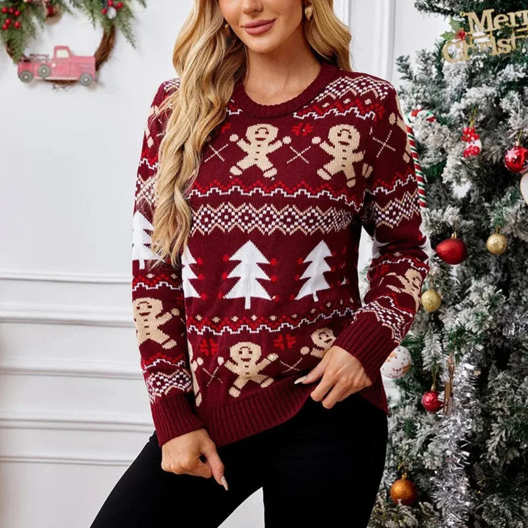 Zéphalina | Pull Tricoté Femme Col Rond Bordeaux avec Détails de Noël - Élégance Hivernale Confortable