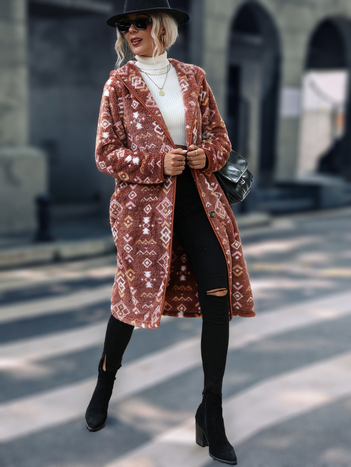 Kiannelle | Manteau Long à Capuche Femme, Motif Tribal et Doux Teddy