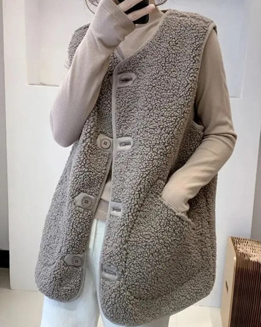 Kelista | Gilet Long à Col en V Boutonné, Unicolore, avec Grandes Poches Latérales pour Femme