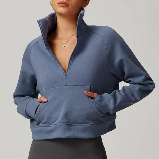 Zénelie | Sweat Court Zippé au Col Haut avec Poches Kangourou