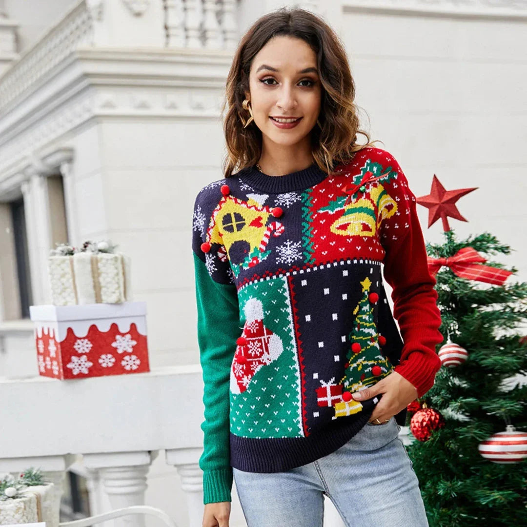 Norvine | Pull de Noël Tricoté Multicolore à Col Rond pour Femme