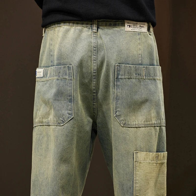 Damase | Jeans Denim Vintage Fort Clay Délavé à Coupe Large pour Homme avec Poches Multiples