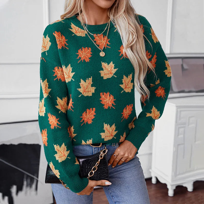 Oriel | Pull Tricoté Femme Vert avec Détails Feuilles d'Érable