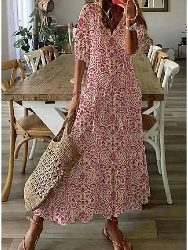 Lucienne | Robe Longue Bohème à Imprimé Fleuri, Col V & Manches Mi-longues – Élégance & Confort Estival