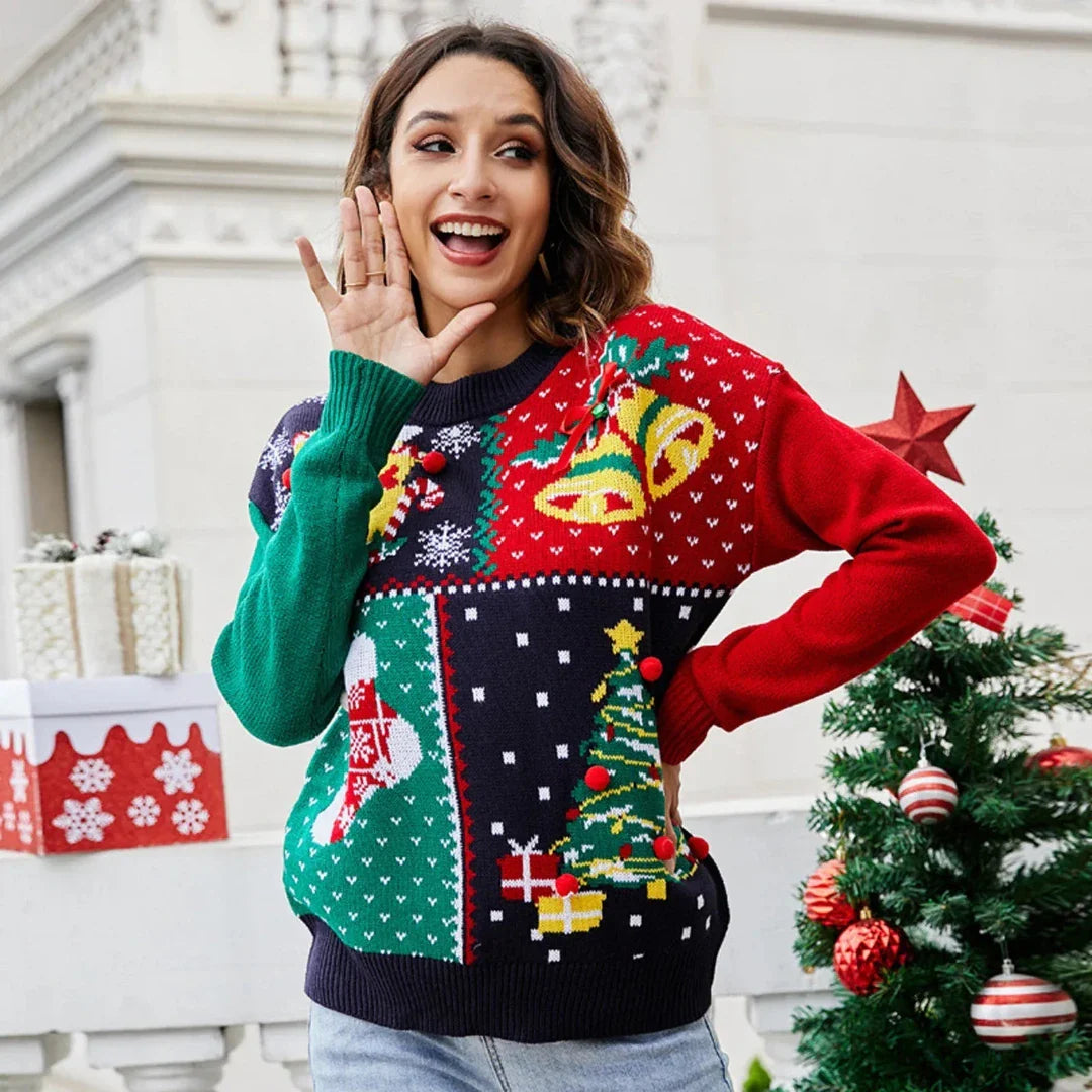 Norvine | Pull de Noël Tricoté Multicolore à Col Rond pour Femme