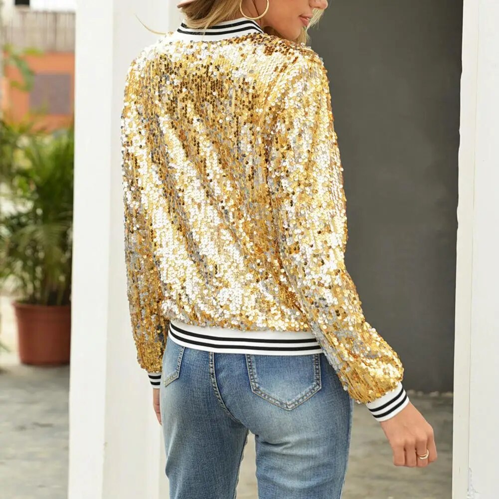 Caméline | Veste Bomber Courte à Sequins Brillants et Zip Complet