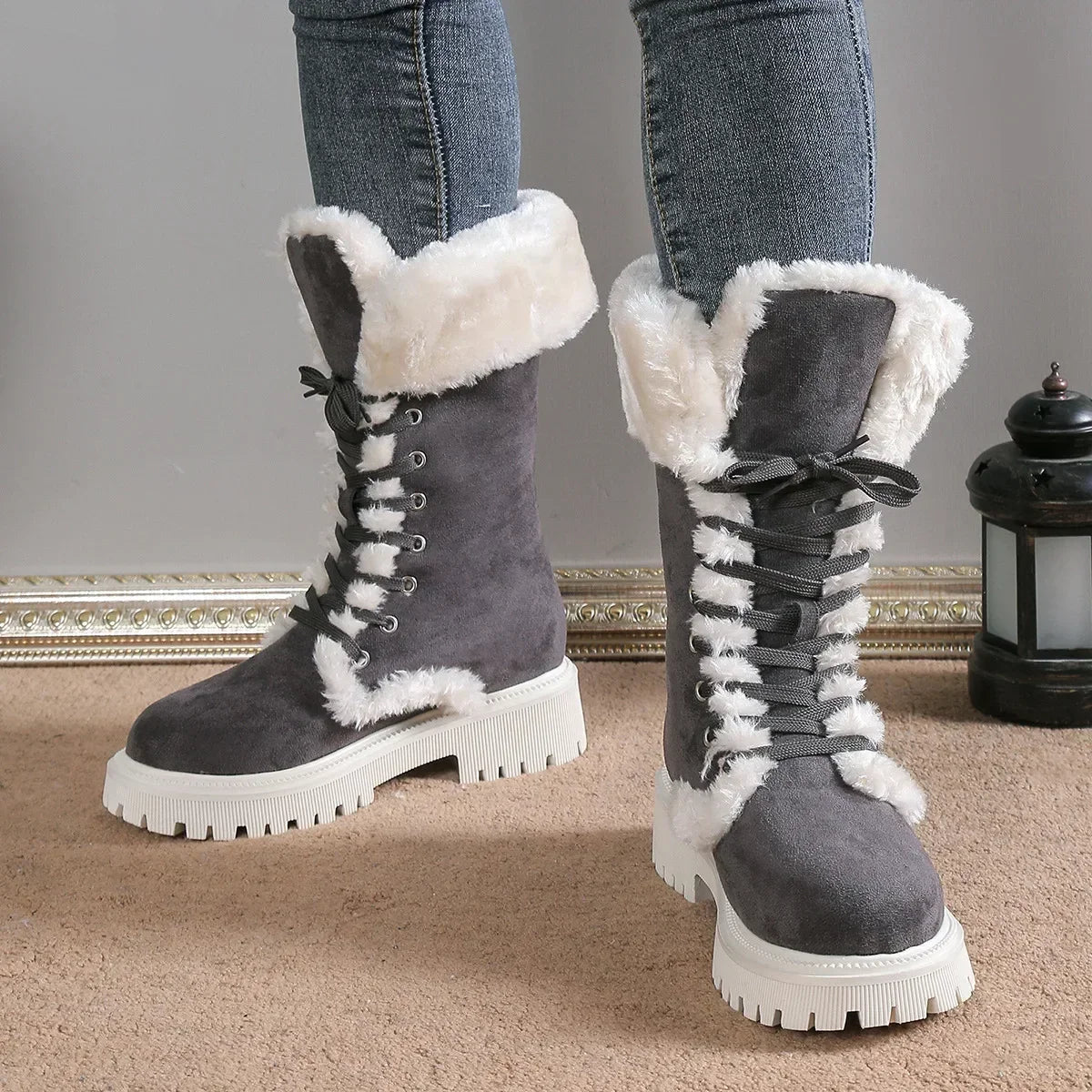 Bestina | Bottes Mi-Mollet à Lacets et Talon Compensé avec Doublure en Fourrure pour Femme