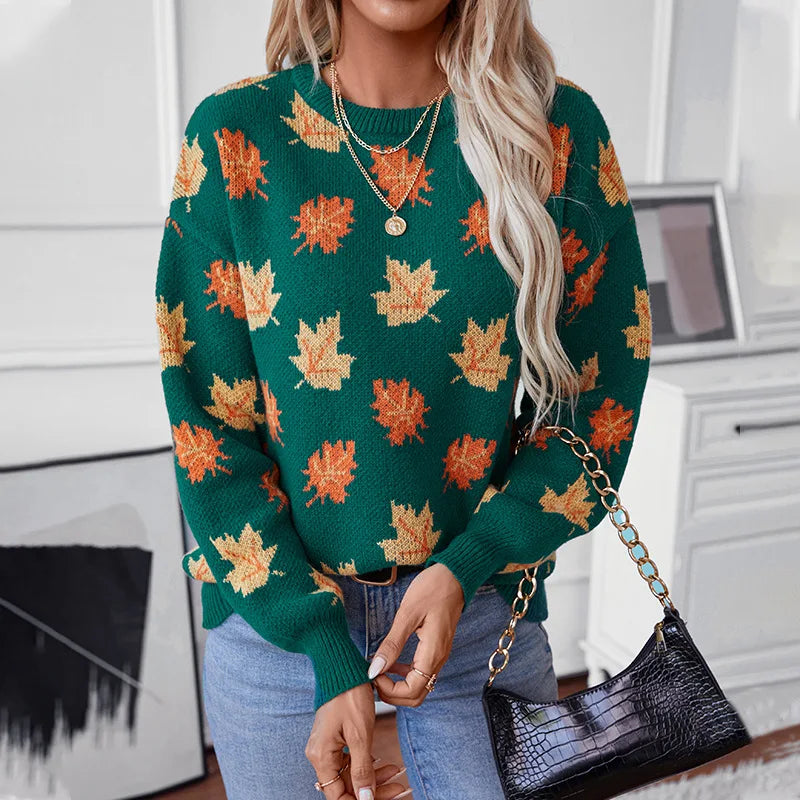 Oriel | Pull Tricoté Femme Vert avec Détails Feuilles d'Érable