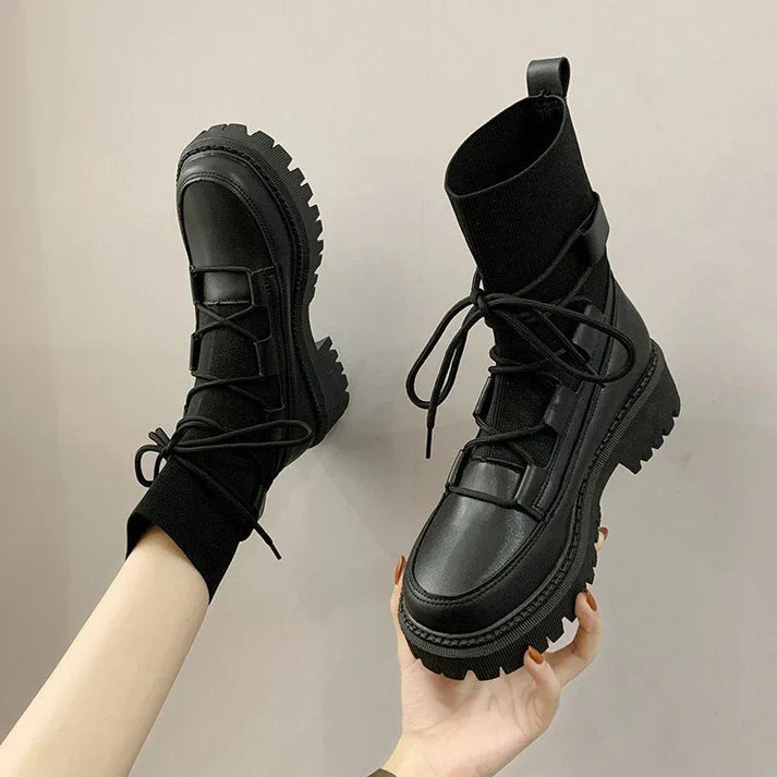 Philéane | Bottes à Lacets Hautes en Noir avec Semelle Épaisse pour Femme