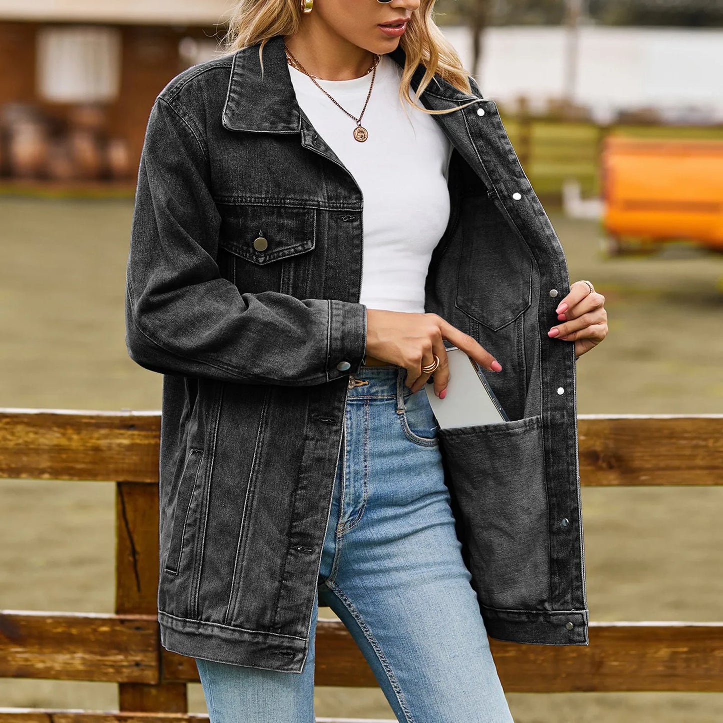 Loraine | Veste en Jean Longue Femme – Col Revers Classique, Boutonnée, Coupe Ample, avec Poches